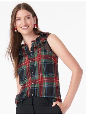 J Crew NWT $98 Sleeveless Ruffle-Collar Top in Black Stewart Tartan | Sz S